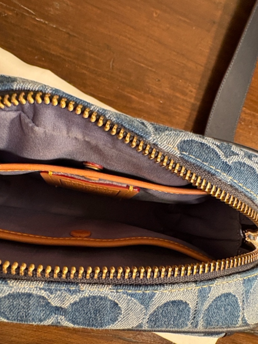 Coach Blue Denim Signature C  Crossbody Bag with Tan Accents - Picture 8 of 15